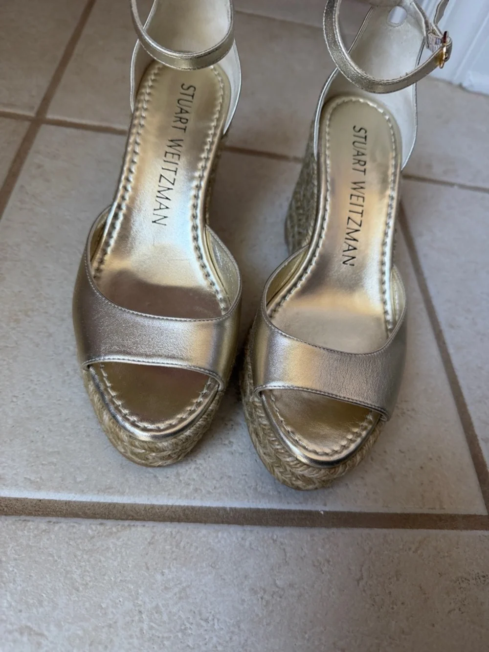 Stuart Weitzman Metallic Gold Espadrille Wedge with Ankle Strap size 8 NWOT - Picture 2 of 12